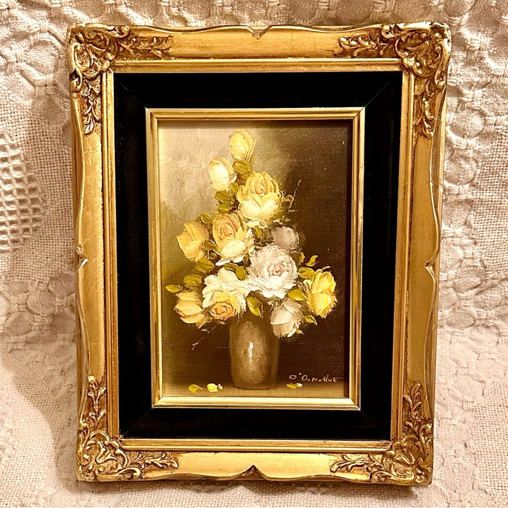 Vtg Original Oil Painting on Canvas Signed O'Donohue Framed “Roses in Vase” 5x7